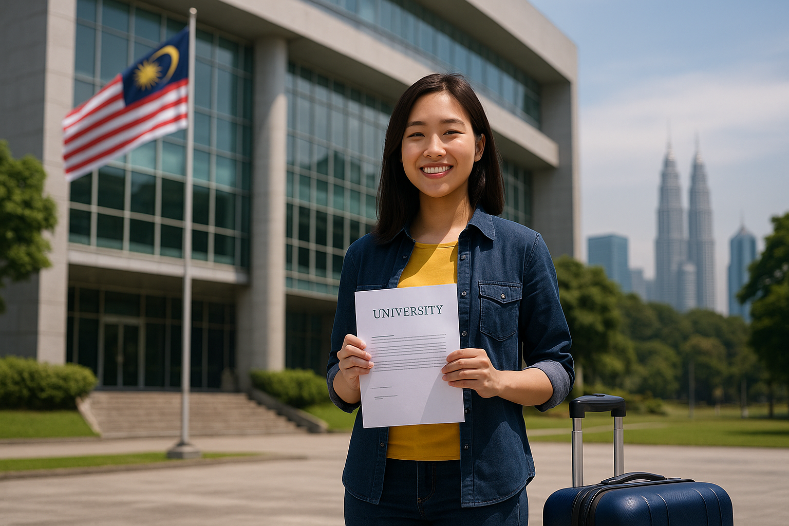 An asian girl is holding a letter of acceptance.