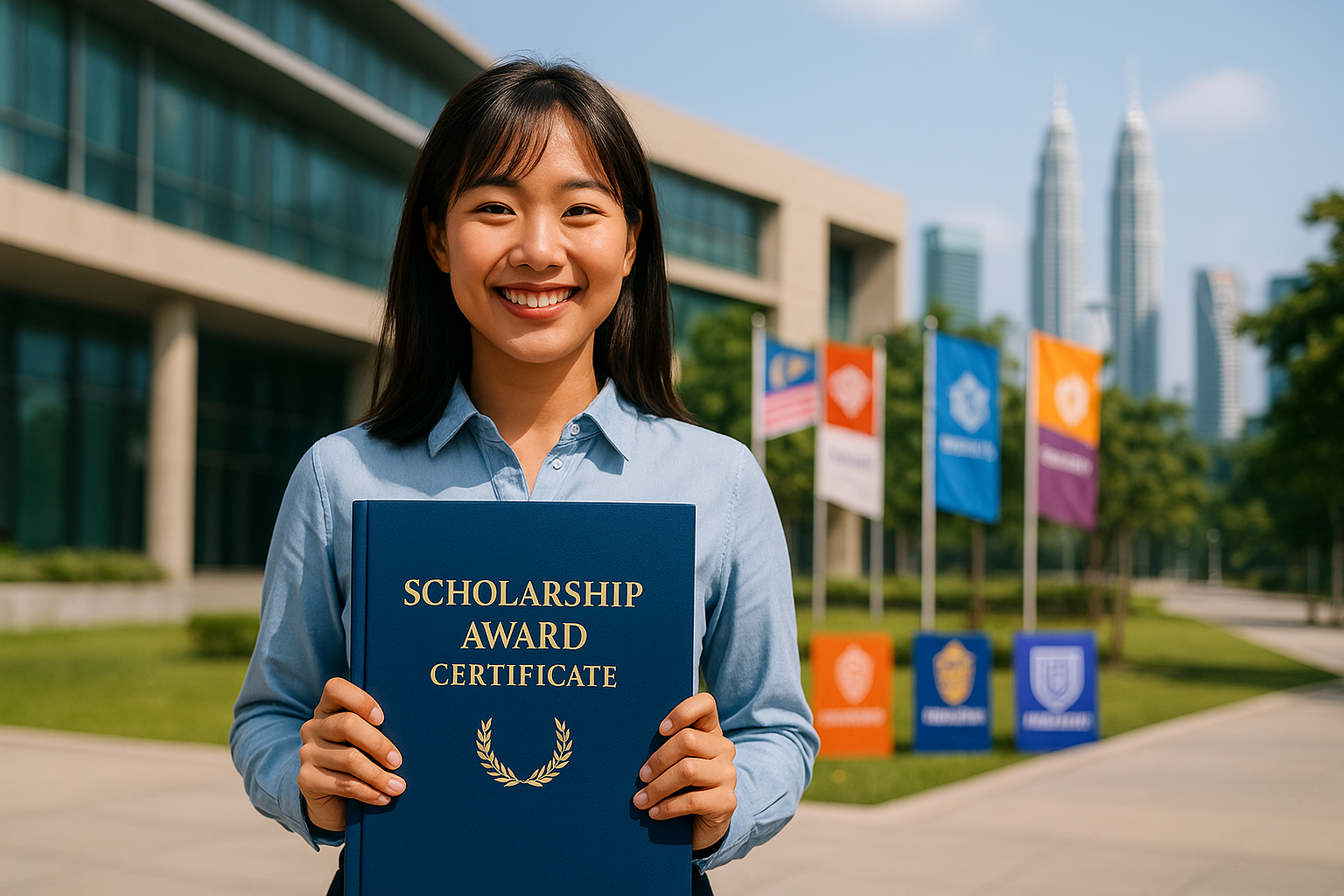 An Asian girl holding a university scholarship award certificate