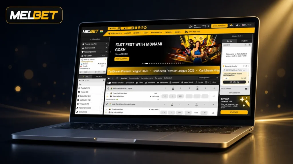 MelBet official website interface with sports sections and betslip